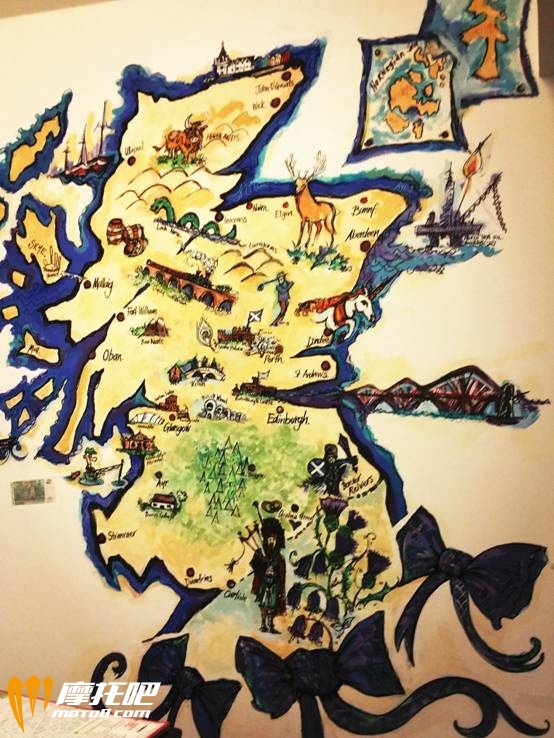 青旅里的手绘苏格兰地图，北边有著名的尼斯湖，可惜我没有太多时间去那里了